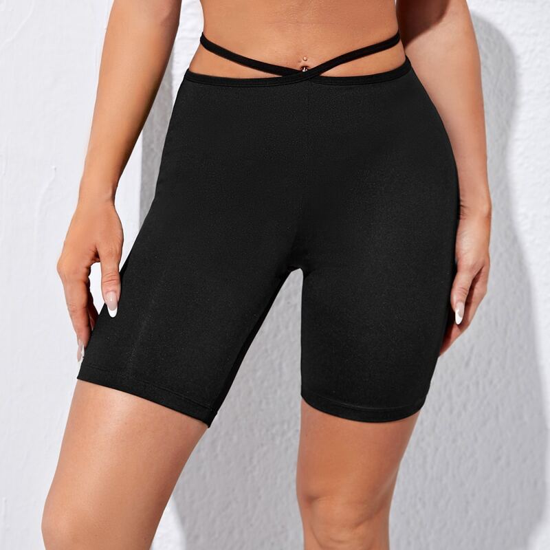 

Solid Crisscross Biker Shorts, Black