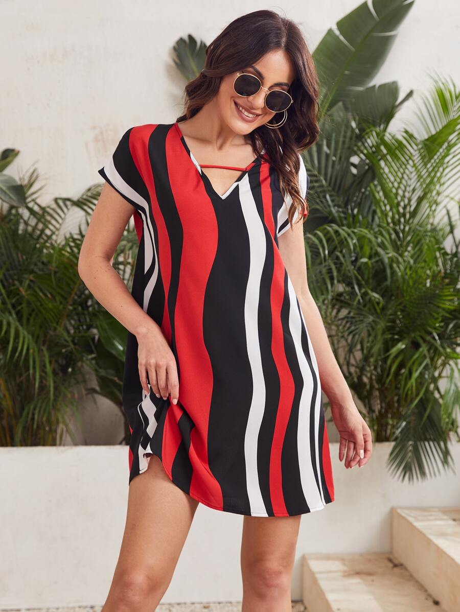 SHEIN LUNE Keyhole Neck Colourblock Dress - Multicolor - View 1