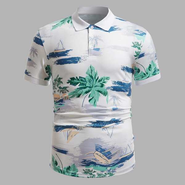 

Men Tropical Print Polo Shirt, White