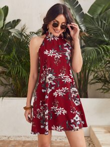 SHEIN VCAY Tie Back Floral Print Halter Dress - Burgundy - View 1