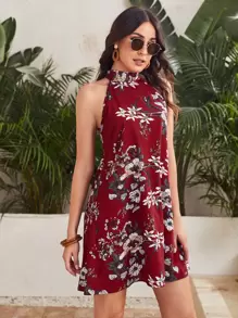 SHEIN VCAY Tie Back Floral Print Halter Dress - Burgundy - View 4