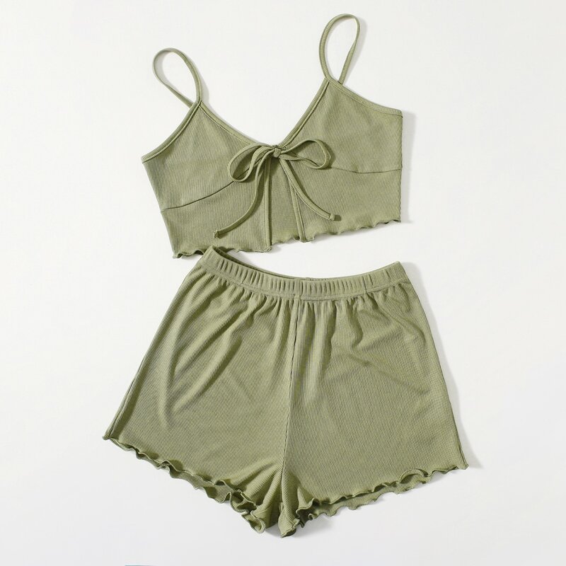 

Solid Ribbed Cami & Lettuce Trim Shorts, Army green