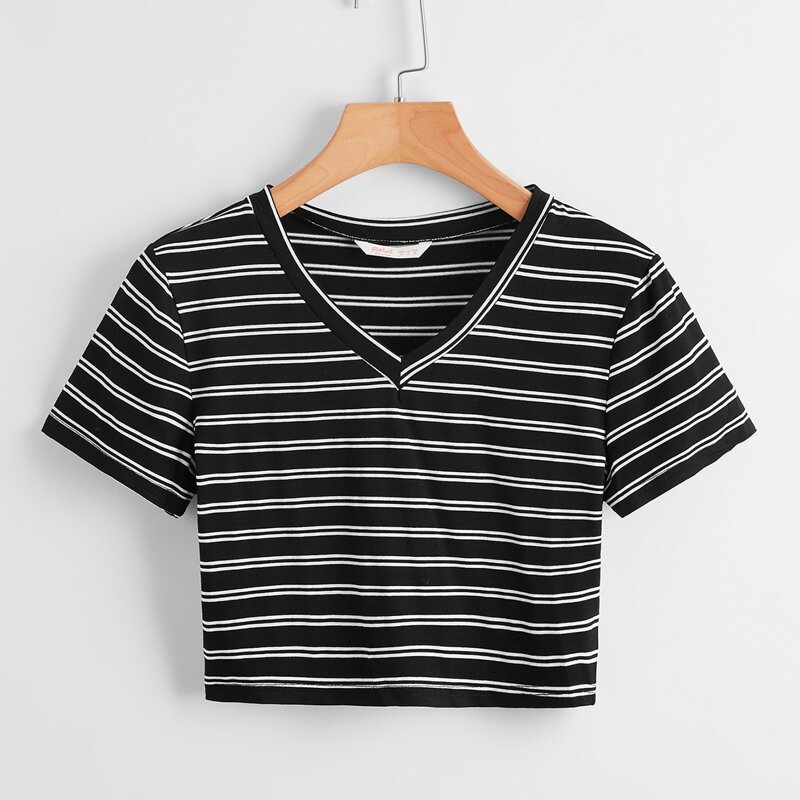 

Striped Crop Tee, Black and white