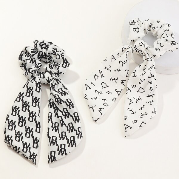 

2pcs Letter Graphic Scarf Hair Tie, Black and white