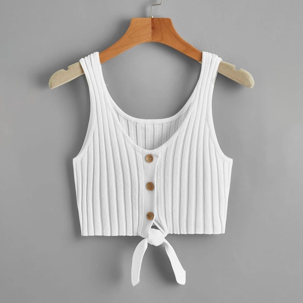 

Tie Front Rib Knit Top, White