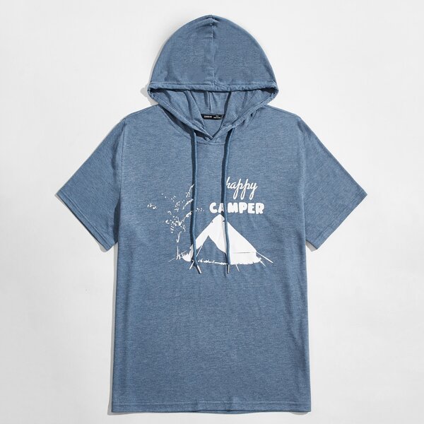 

Men Letter Graphic Print Hooded Top, Dusty blue