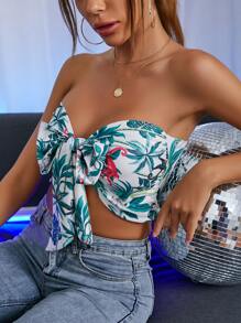 Tie Front Tropical Print Tube Top - متعدد الألوان - مشاهدة 1