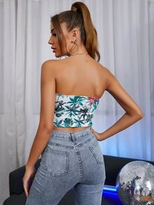 Tie Front Tropical Print Tube Top - متعدد الألوان - مشاهدة 2
