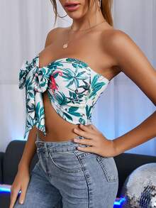 Tie Front Tropical Print Tube Top - متعدد الألوان - مشاهدة 3