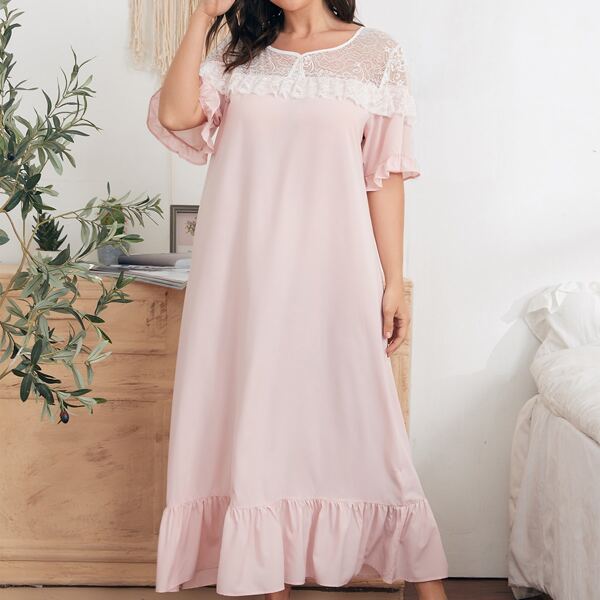 

Plus Lace Insert Ruffle Hem Night Dress, Baby pink