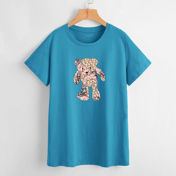 

Cartoon Graphic Short Sleeve Tee, Teal blue