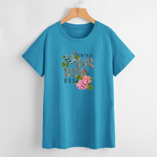 

Floral And Letter Graphic Tee, Blue