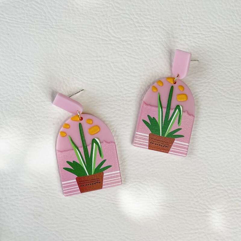 

Cactus Graphic Drop Earrings, Pink