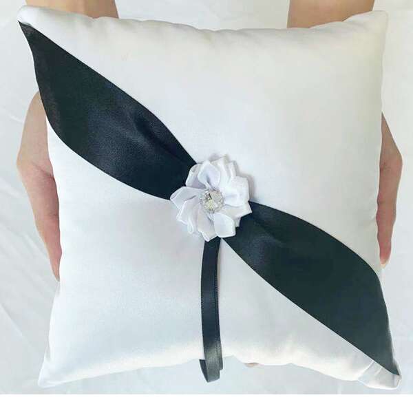 

Ribbon Decor Ring Bearer Cushion Cover Without Filler, Black and white