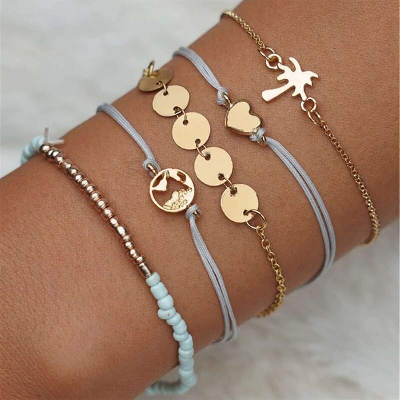 

5pcs Heart & Tree Decor Bracelet, Gold