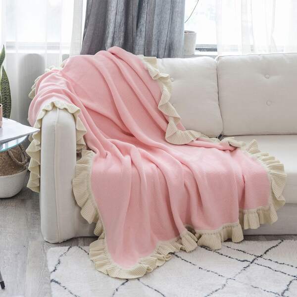 

1pc Ruffle Trim Knitted Throw, Pink