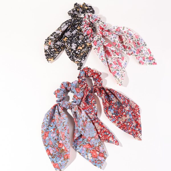 

4pcs Floral Print Scarf Hair Tie, Multicolor