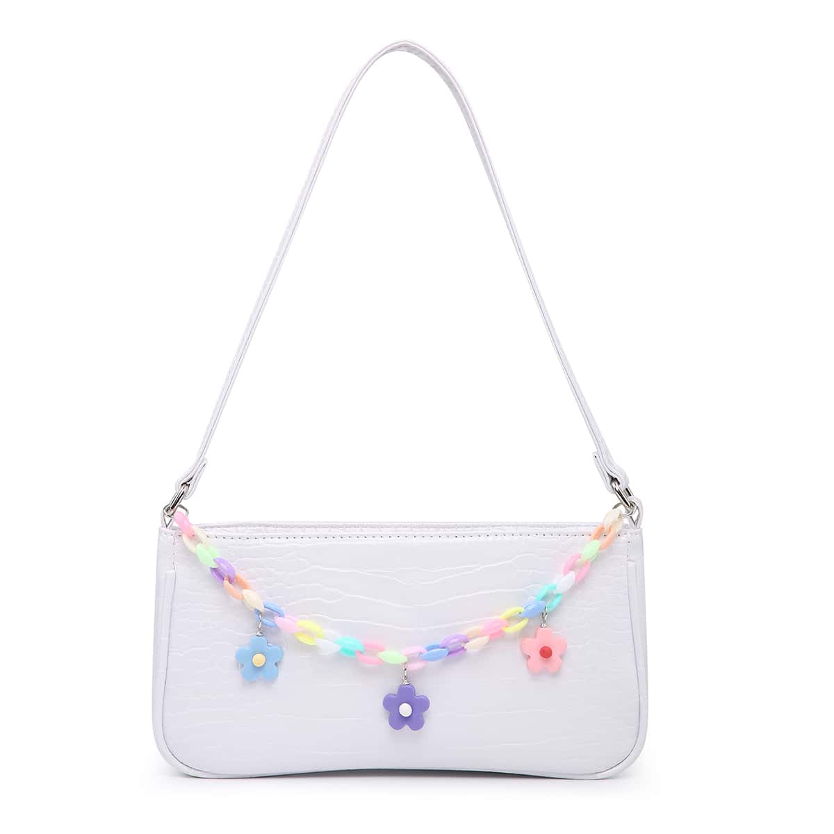 

Floral Chain Baguette Bag, White