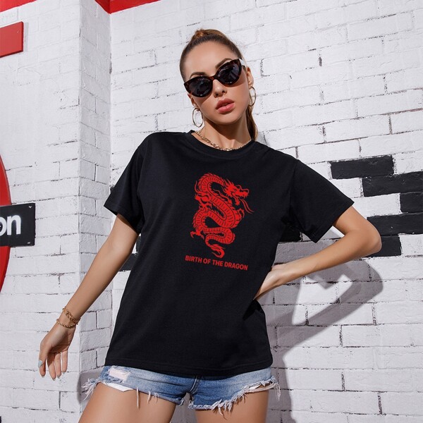 

Letter & Chinese Dragon Print Tee, Black