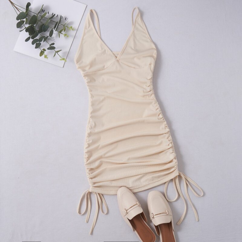 

Solid Drawstring Ruched Dress, Apricot