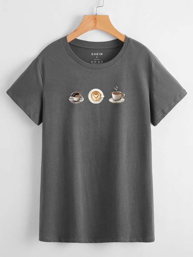 Cup And Letter Graphic Tee - Dark Grey - View 1