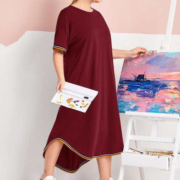 

Plus Striped Curved Hem Tee Dress, Burgundy