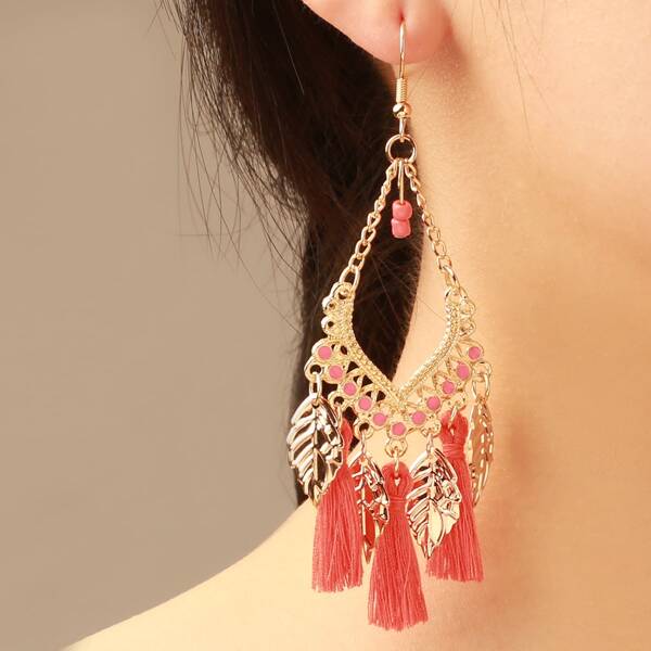 

Tassel Decor Drop Earrings, Gold