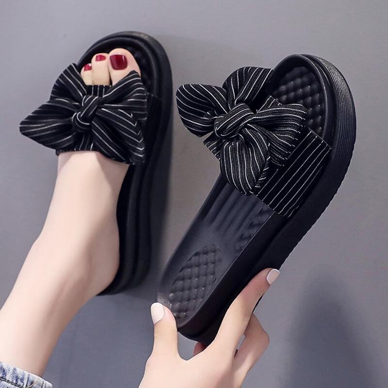 

Striped Bow Flatform Slide Sandals, Black