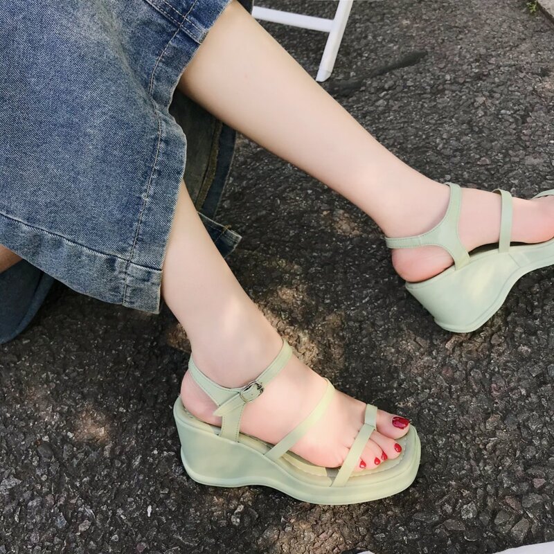 

Toe Post Ankle Strap Wedge Sandals, Mint green