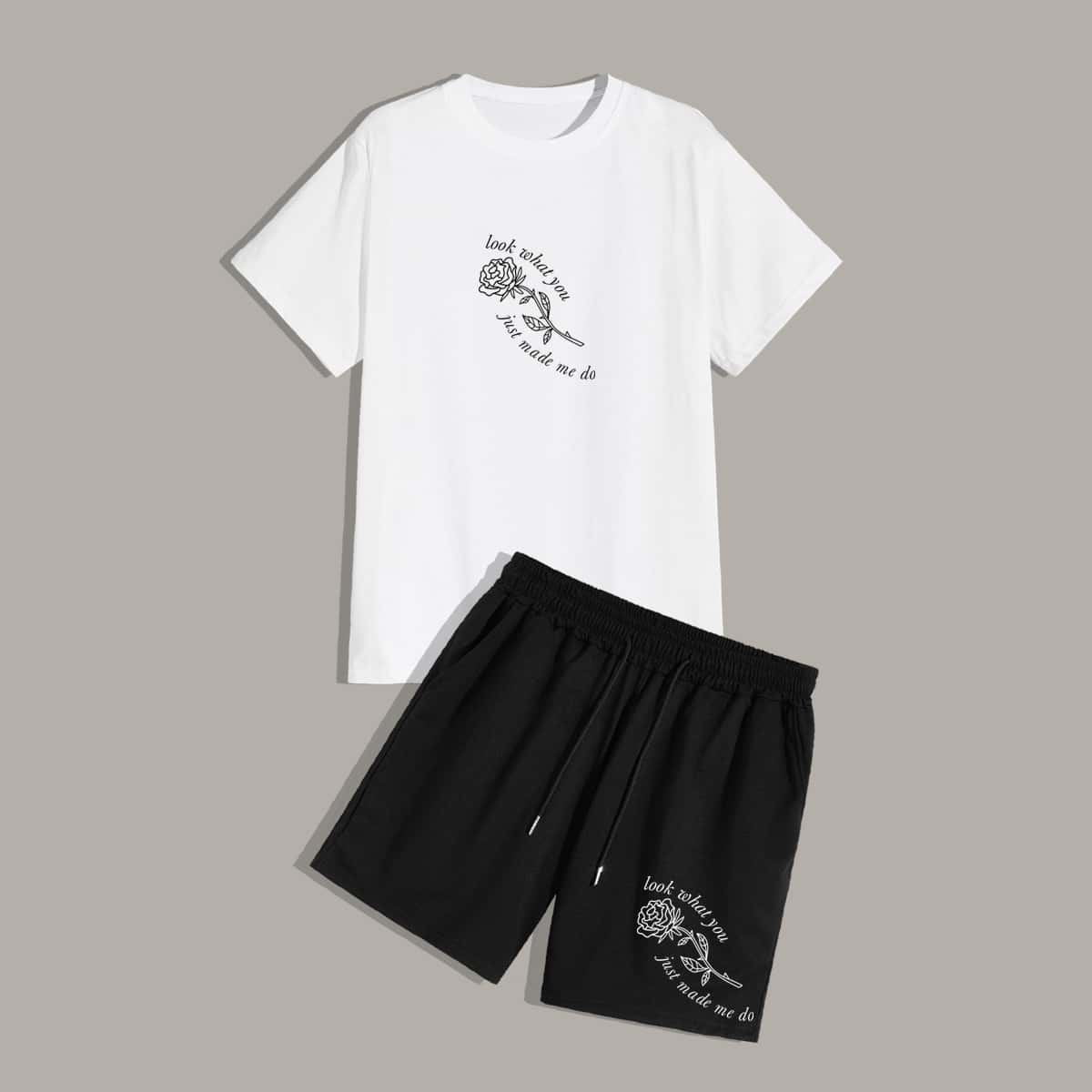 

Guys Slogan Rose Graphic Tee & Shorts, Black and white