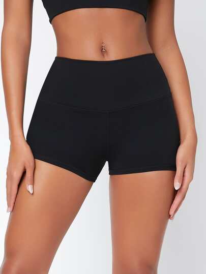 Short de sport à bande large et unicolore, short extensible, short de cycliste