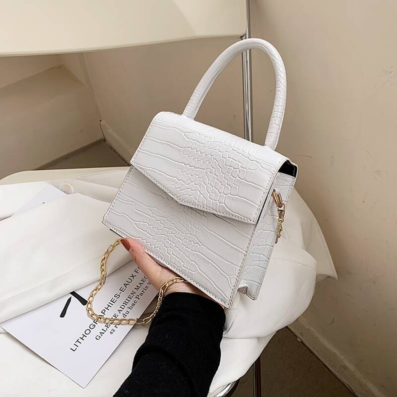 

Croc Embossed Chain Satchel Bag, White
