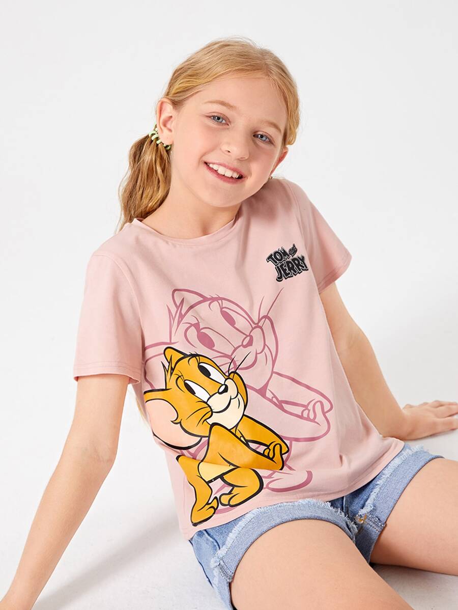 TOM & JERRY X SHEIN Tween Girl Round Neck Tee - Dusty Pink - View 1