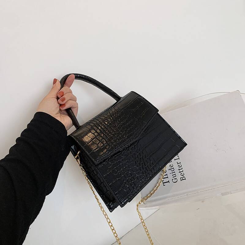 

Croc Embossed Chain Satchel Bag, Black