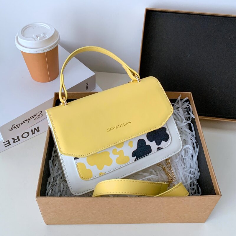 

Cow Print Chain Satchel Bag, Yellow