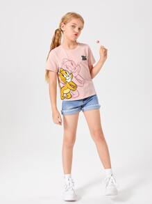 TOM & JERRY X SHEIN Tween Girl Round Neck Tee - Dusty Pink - View 4