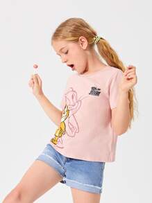 TOM & JERRY X SHEIN Tween Girl Round Neck Tee - Dusty Pink - View 5