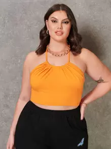 SHEIN SXY Plus Ruched Backless Halter Top - Orange - View 1