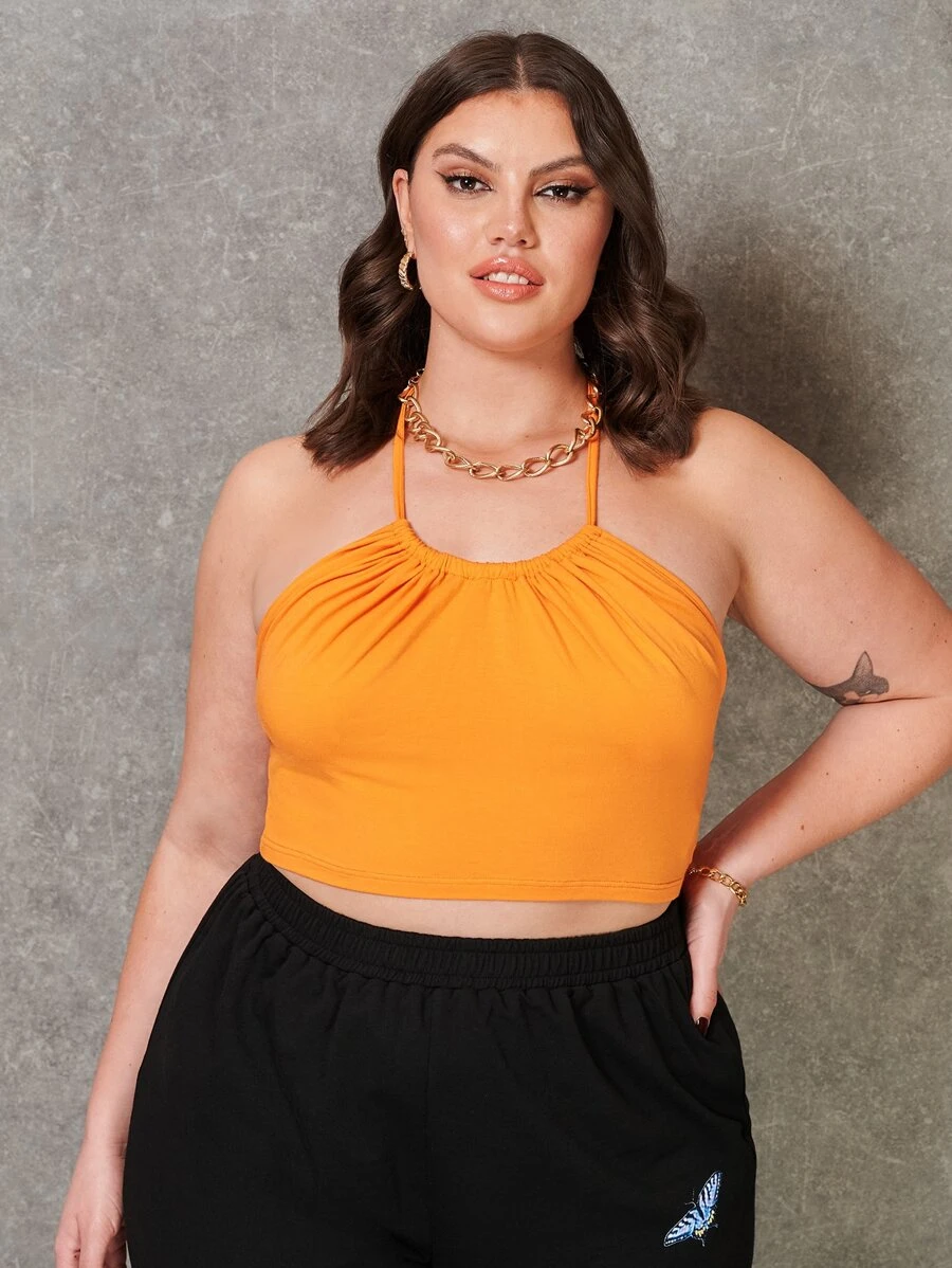 SHEIN SXY Plus Ruched Backless Halter Top - Orange - View 1