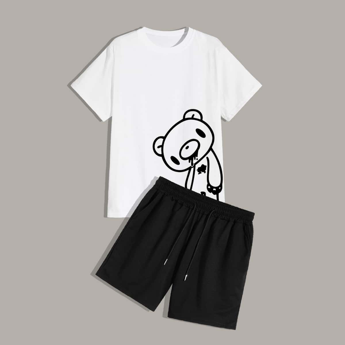 

Guys Cartoon Bear Graphic Tee & Shorts, Black and white