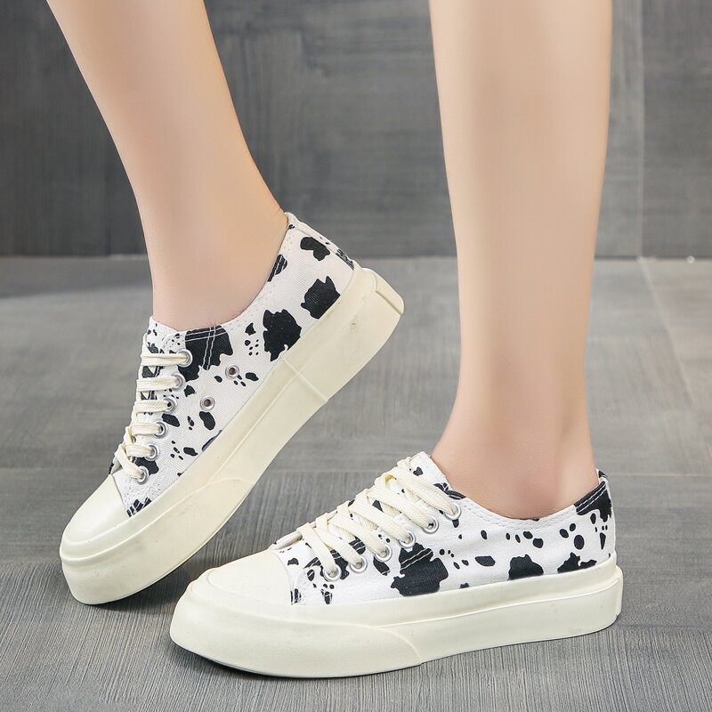 

Cow Print Lace-up Canvas Sneakers, Black and white