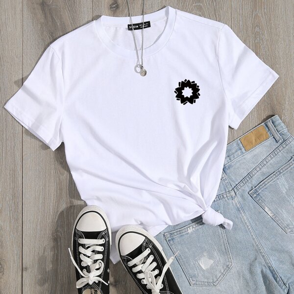 

Floral Print Round Neck Tee, White