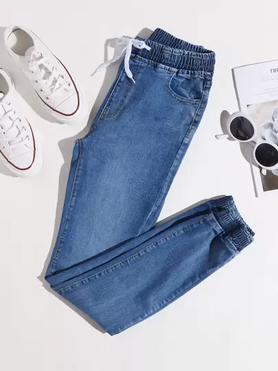 SHEIN EZwear 腰部抽繩束腳褲牛仔褲