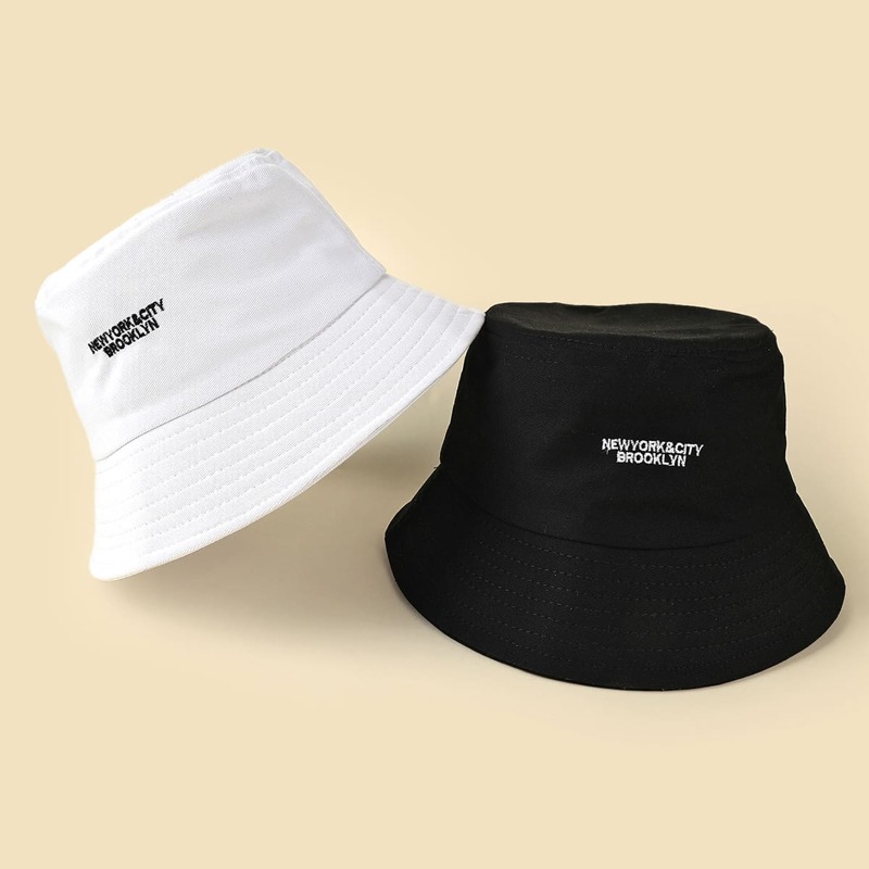 

2pcs Letter Embroidery Bucket Hat, Black and white