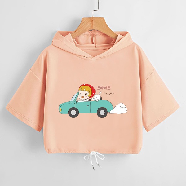 

Cartoon Graphic Drawstring Hem Hoodie, Coral pink