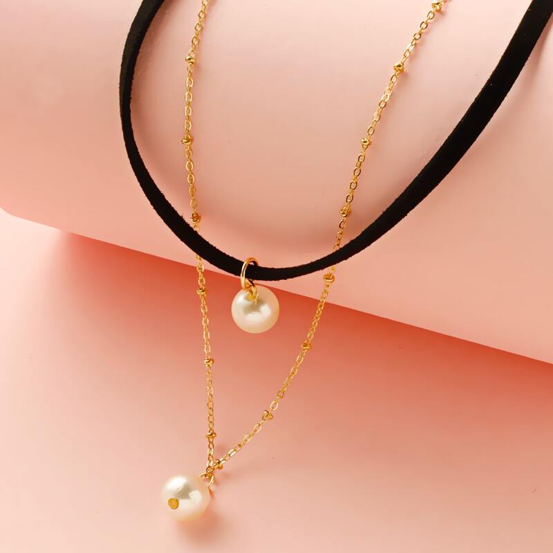 

Faux Pearl Layered Necklace, Black