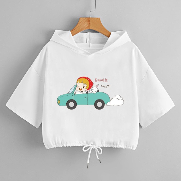 

Cartoon Graphic Drawstring Hem Hoodie, White