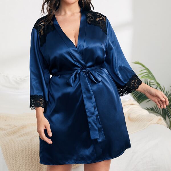 

Plus Lace Panel Satin Belted Robe, Navy blue