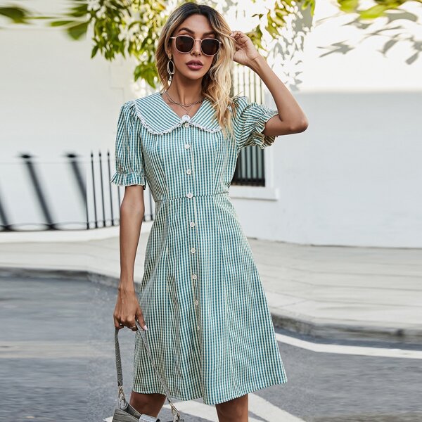 

Plaid Peter Pan Collar Flounce Sleeve Shirt Dress, Green