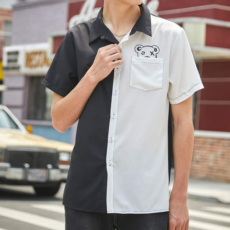 

Guys Two Tone Button Front Cartoon Pocket Shirt, Black and white